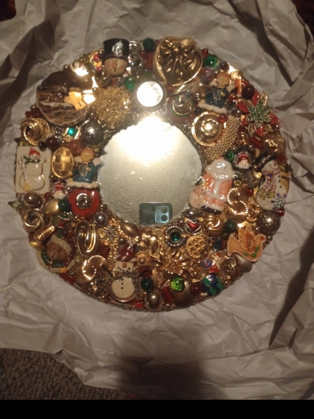 Festive Gold Holiday Ornament Mirror Wreath
